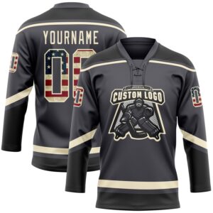 Custom Steel Gray Vintage USA Flag Cream-Black Hockey Lace Neck Jersey