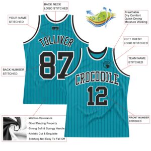 Custom Teal Black Pinstripe Black-White Authentic Basketball Jersey