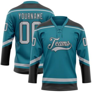 Custom Teal Gray-Black Hockey Lace Neck Jersey