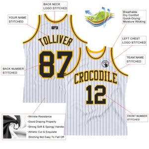 Custom White Black Pinstripe Black-Gold Authentic Basketball Jersey