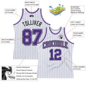 Custom White Black Pinstripe Purple-Gray Authentic Basketball Jersey