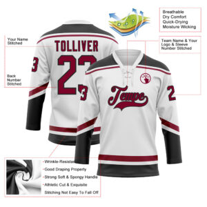 Custom White Maroon-Black Hockey Lace Neck Jersey