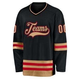 Custom Black Old Gold-Red Hockey Jersey