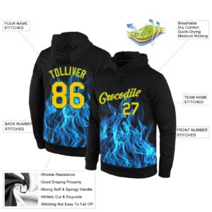 Custom Stitched Black Gold-Aqua 3D Pattern Design Flame Sports Pullover Sweatshirt Hoodie