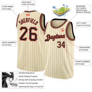 Custom Cream Black Pinstripe Black-Orange Authentic Basketball Jersey