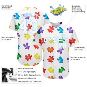 Custom Autism Awareness Puzzle Pieces White-Light Blue 3D Authentic Baseball Jersey