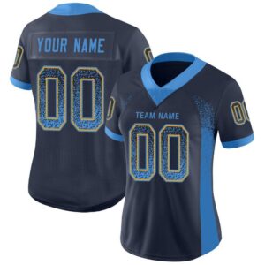 Custom Navy Powder Blue-Gold Mesh Drift Fashion Football Jersey