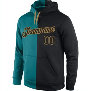 Custom Stitched Aqua Black-Old Gold Split Fashion Sports Pullover Sweatshirt Hoodie