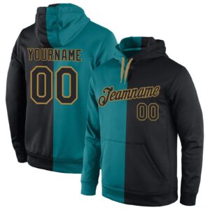 Custom Stitched Aqua Black-Old Gold Split Fashion Sports Pullover Sweatshirt Hoodie