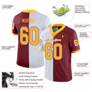 Custom Burgundy Gold-White Mesh Split Fashion Football Jersey