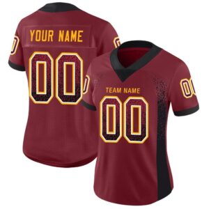 Custom Burgundy Black-Gold Mesh Drift Fashion Football Jersey