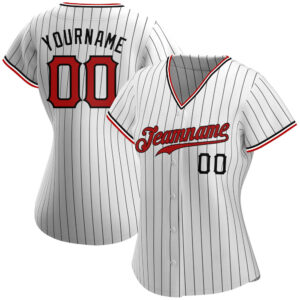 Custom White Black Pinstripe Red-Black Authentic Baseball Jersey