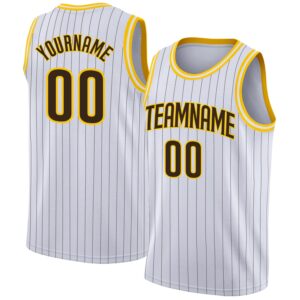 Custom White Brown Pinstripe Brown-Gold Authentic Basketball Jersey