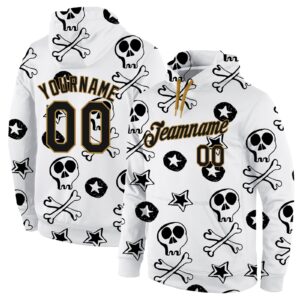 Custom Stitched White Black-Old Gold 3D Skull Fashion Sports Pullover Sweatshirt Hoodie